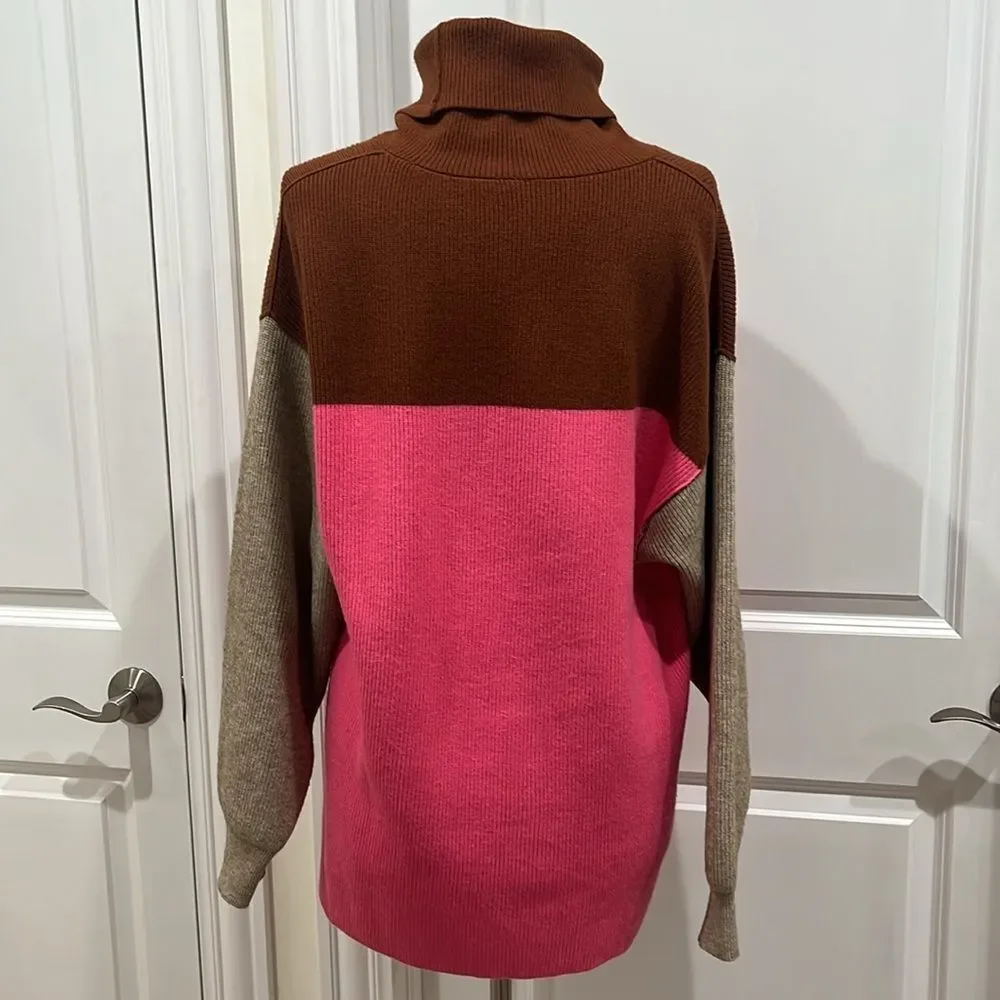 Free People Softly Structured Colorblock Turtleneck Sweater Pink Brown Oversized